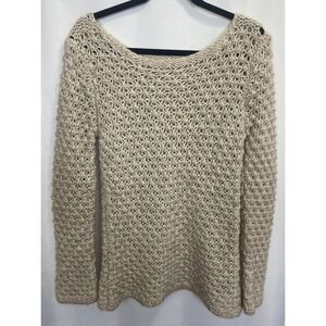Berretti Made in Italy Wool Alpaca Blend Open Knit Sweater Beige Tan Large